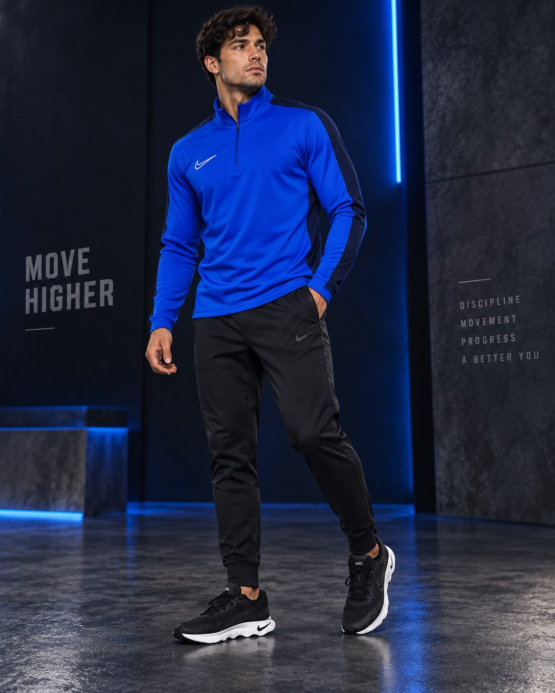 Modelo con look azul de inspiración deportiva